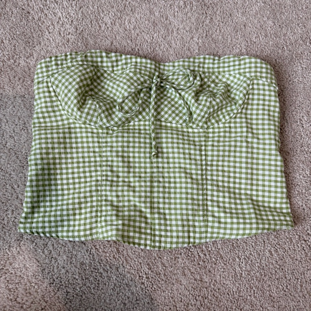 Green & White Strapless Crop Top